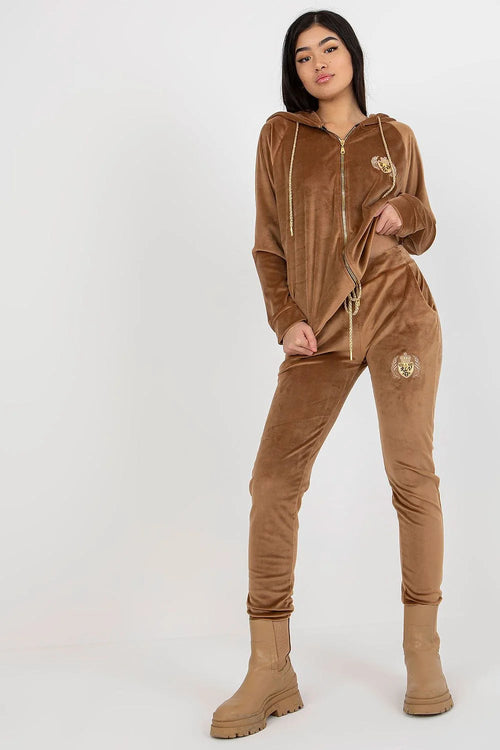 Ensemble velours viscose couleur brun caramel sweat-shirt capuche dorée pantalon taille élastique coupe moderne style décontracté quotidienne sortie