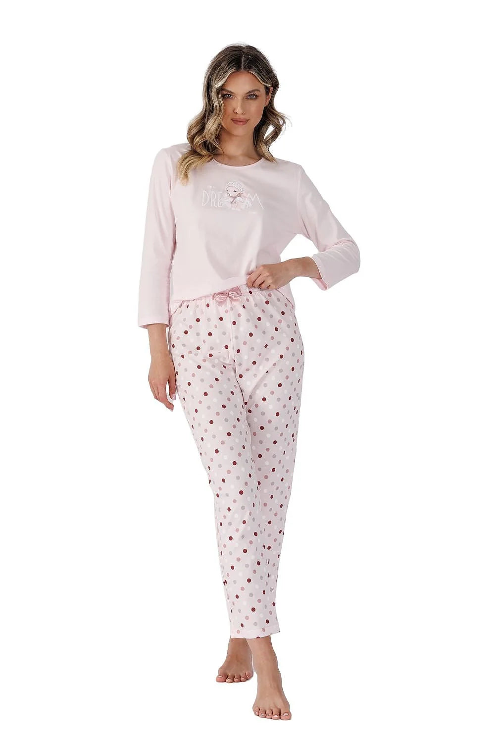 pyjama femme élégant confortable rose pâle manches trois quart col rond jersey respirant pantalon droit pois marron taille élastique
