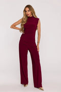 ensemble femme bordeaux profond col montant sans manches buste ajusté taille drapée fronces pantalon palazzo jersey stretch fluide élégant soirée