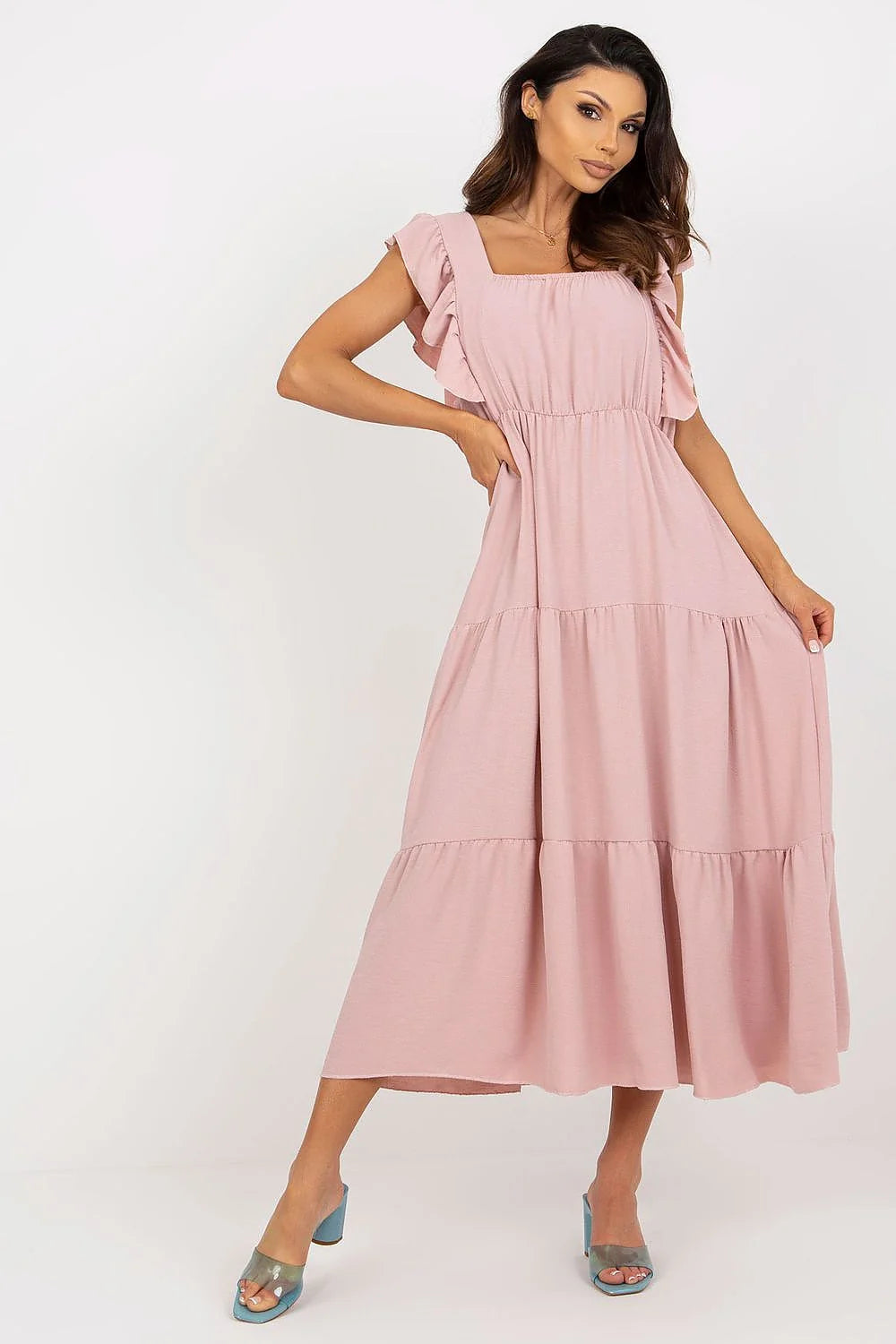 Robe d'été pour femme coupe ample manches courtes col carré taille élastiquée couleur rose pâle