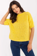 Pull femme ample maille large manches courtes col rond couleur jaune vif style moderne confortable pour quotidien et travail