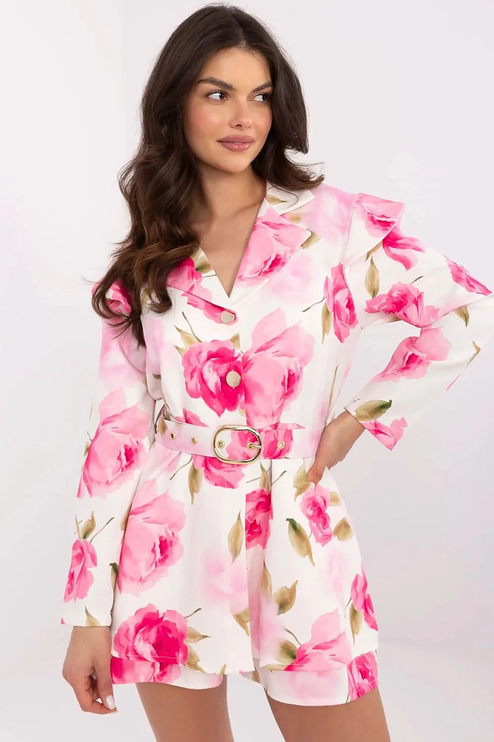 combinaison femme élégante florale printanière mini ajustée manches longues ceinture dorée boucle ovale boutons dorés col tailleur épaules structurées