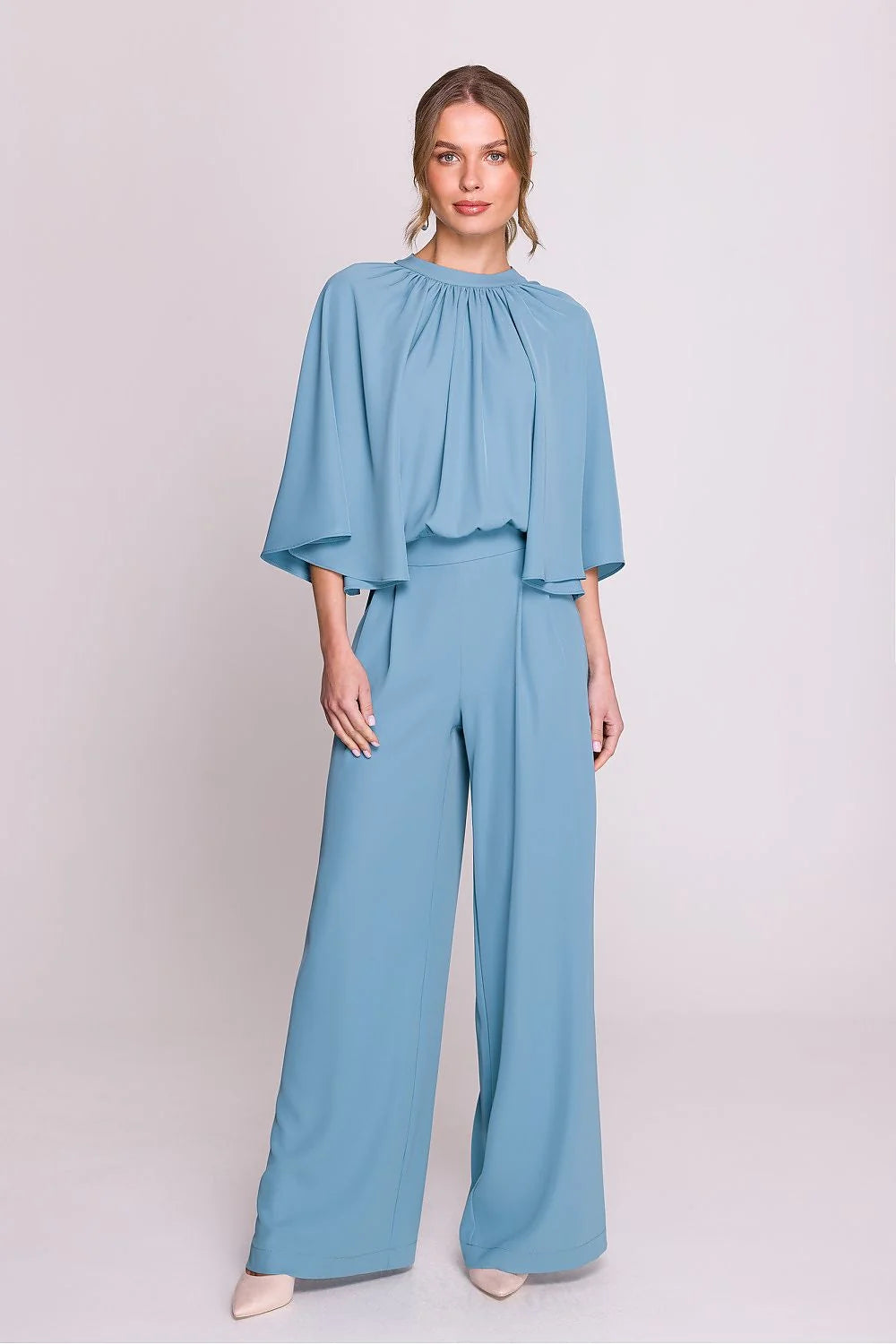 Combinaison Stylove élégante chic moderne semi-formelle crêpe polyester bleu ciel encolure ronde manches kimono taille haute jambes larges femmes
