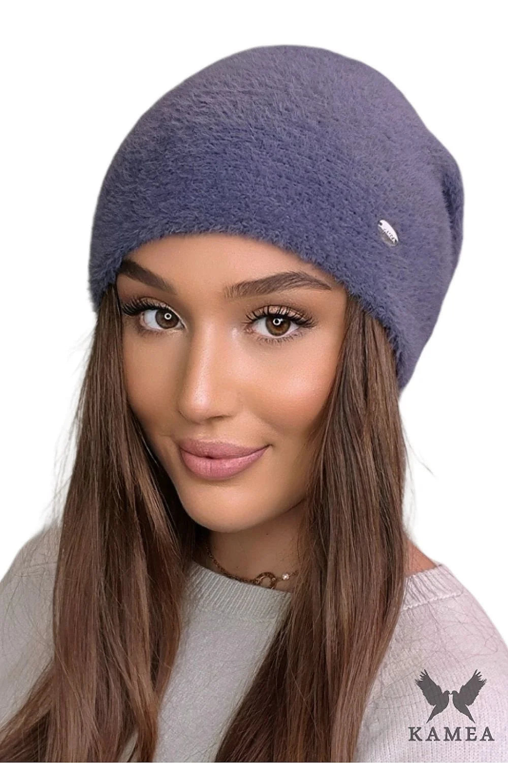 Bonnet Kamea design élégant tricot doux couleur violet ajustement parfait oreilles couvertes femmes hiver mode accessoire