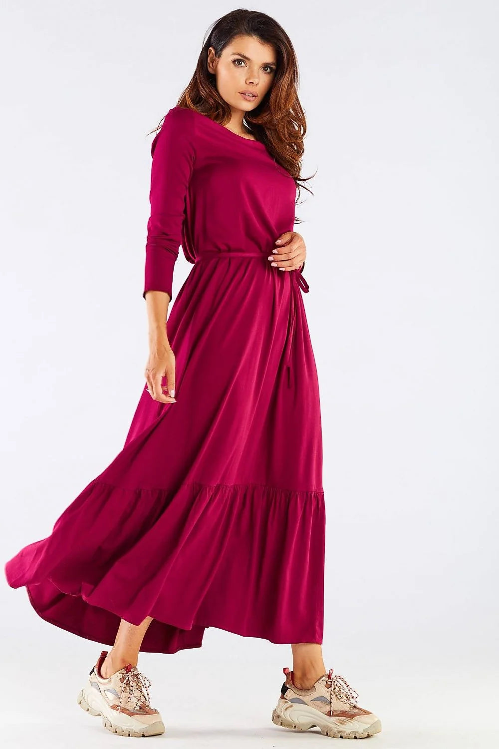Robe longue viscose framboise élégante manches longues ceinture ajustable fluide décontractée soirée féminine moderne
