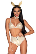Ensemble lingerie satiné doré style bunny sophistiqué sculptant parfait occasions spéciales séduction élégance