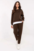 ensemble loungewear femme velours doux chocolat marron sweat col rond manches longues oversize épaules tombantes pantalon taille haute