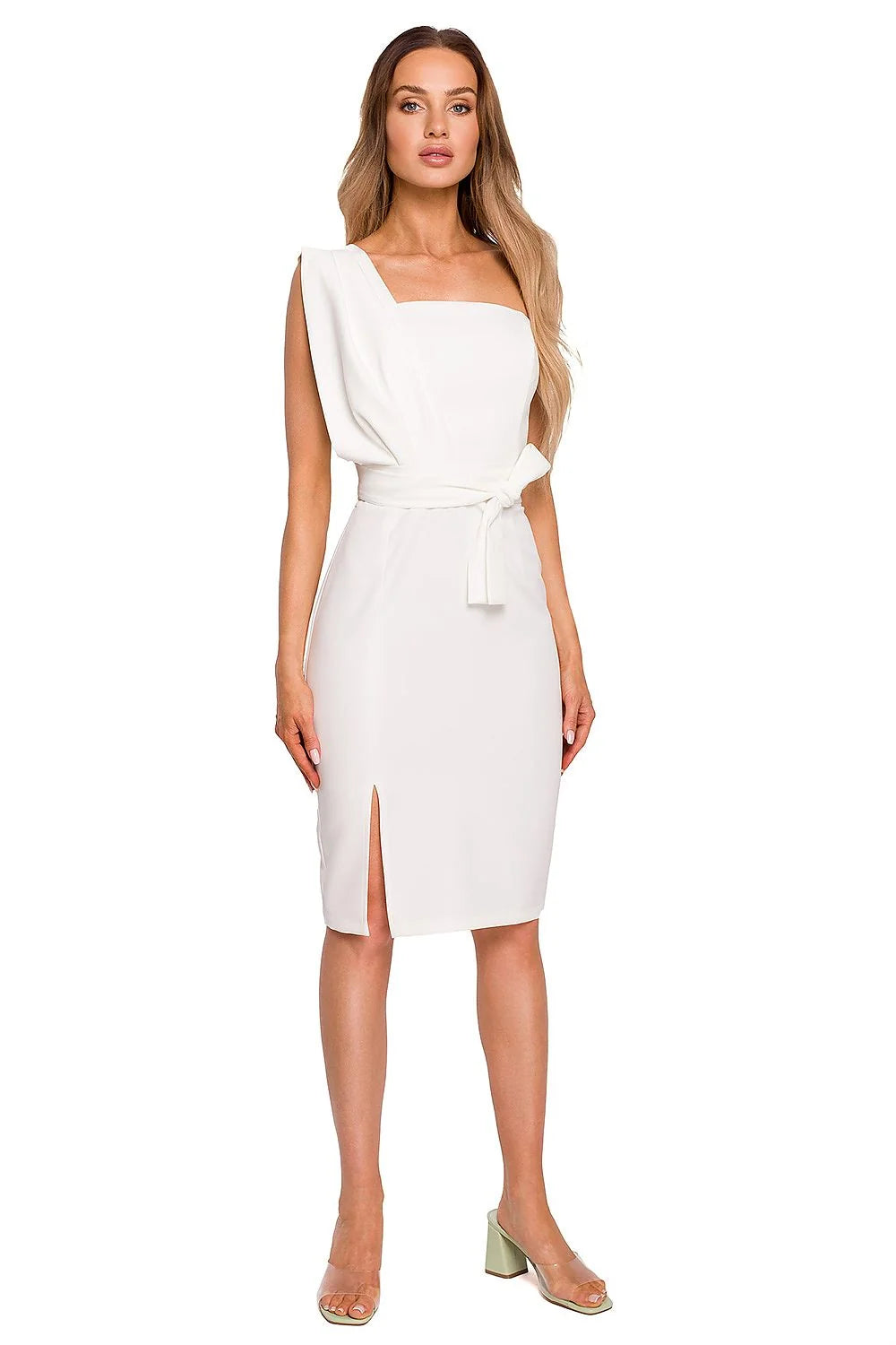 Robe cocktail polyester élégante vert vif épaule asymétrique ceinture ajustable chic femme moderne sortie