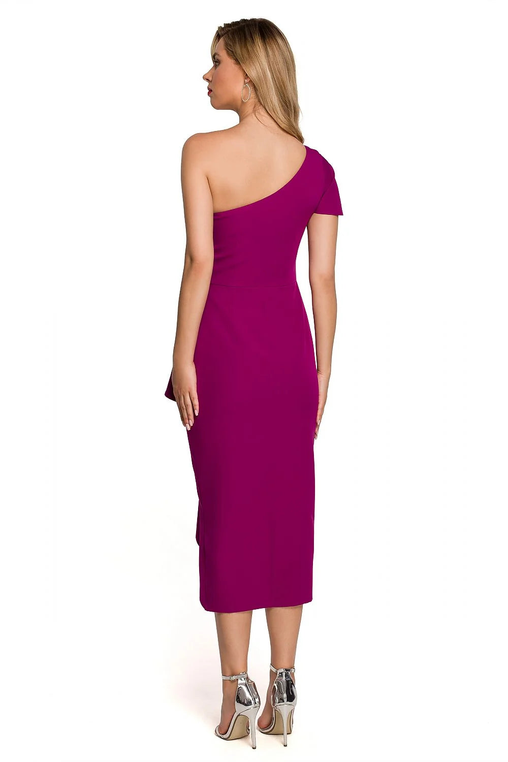 Robe de cocktail Makover asymétrique une épaule magenta vibrant polyester elasthanne taille ajustable femme