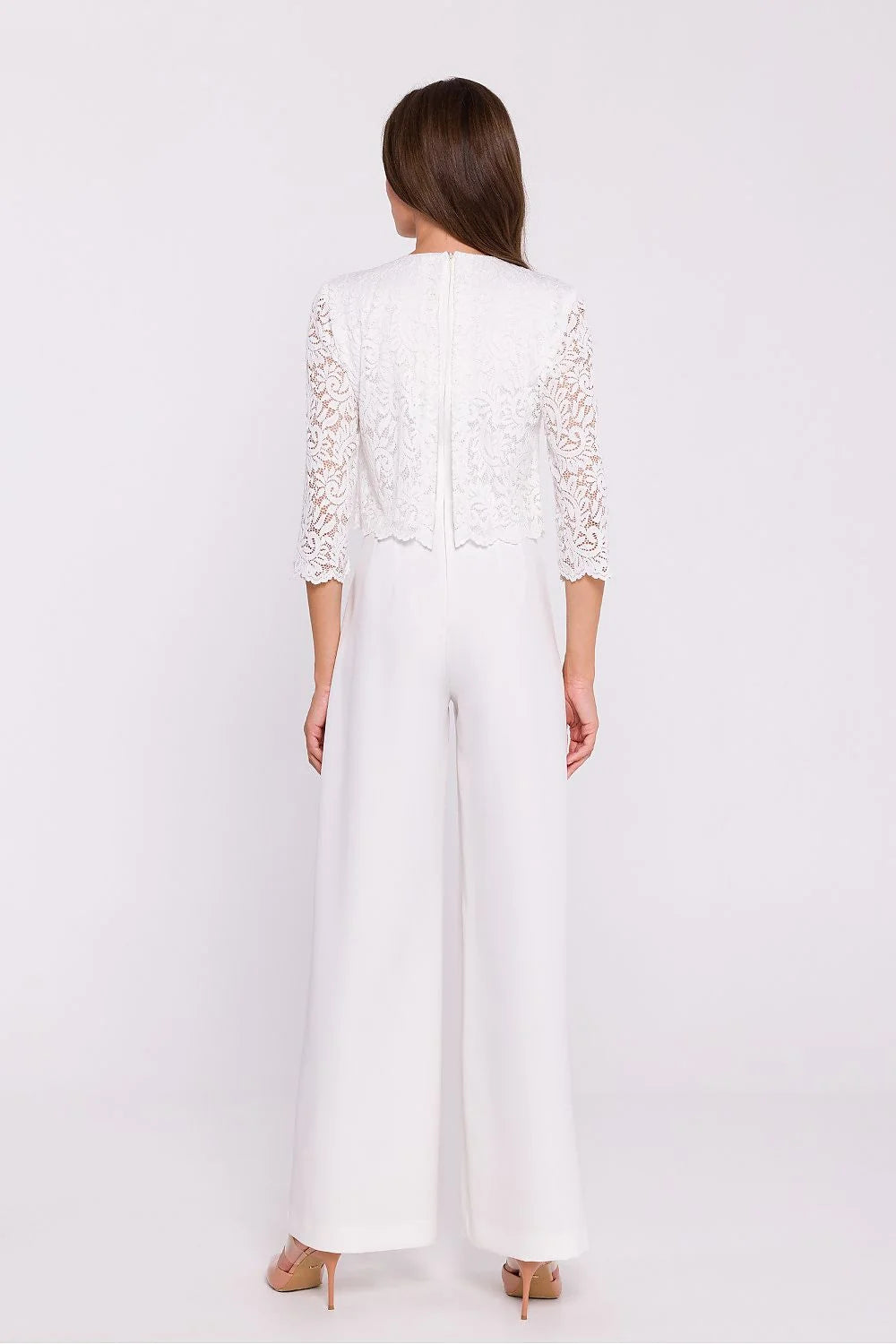Combinaison élégante pour femme en dentelle blanche tissu uni coupe cintrée manches trois-quarts tailleur高腰 pantalon large occasion formelle mariage réception