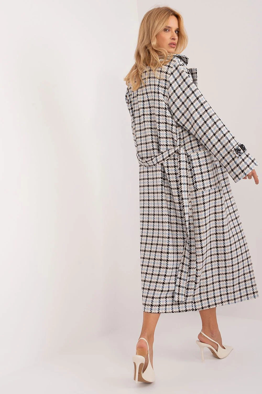 Manteau long pour femmes en laine mélange classique motif pied-de-poule col à revers double boutonnage poches plaquées automne-hiver