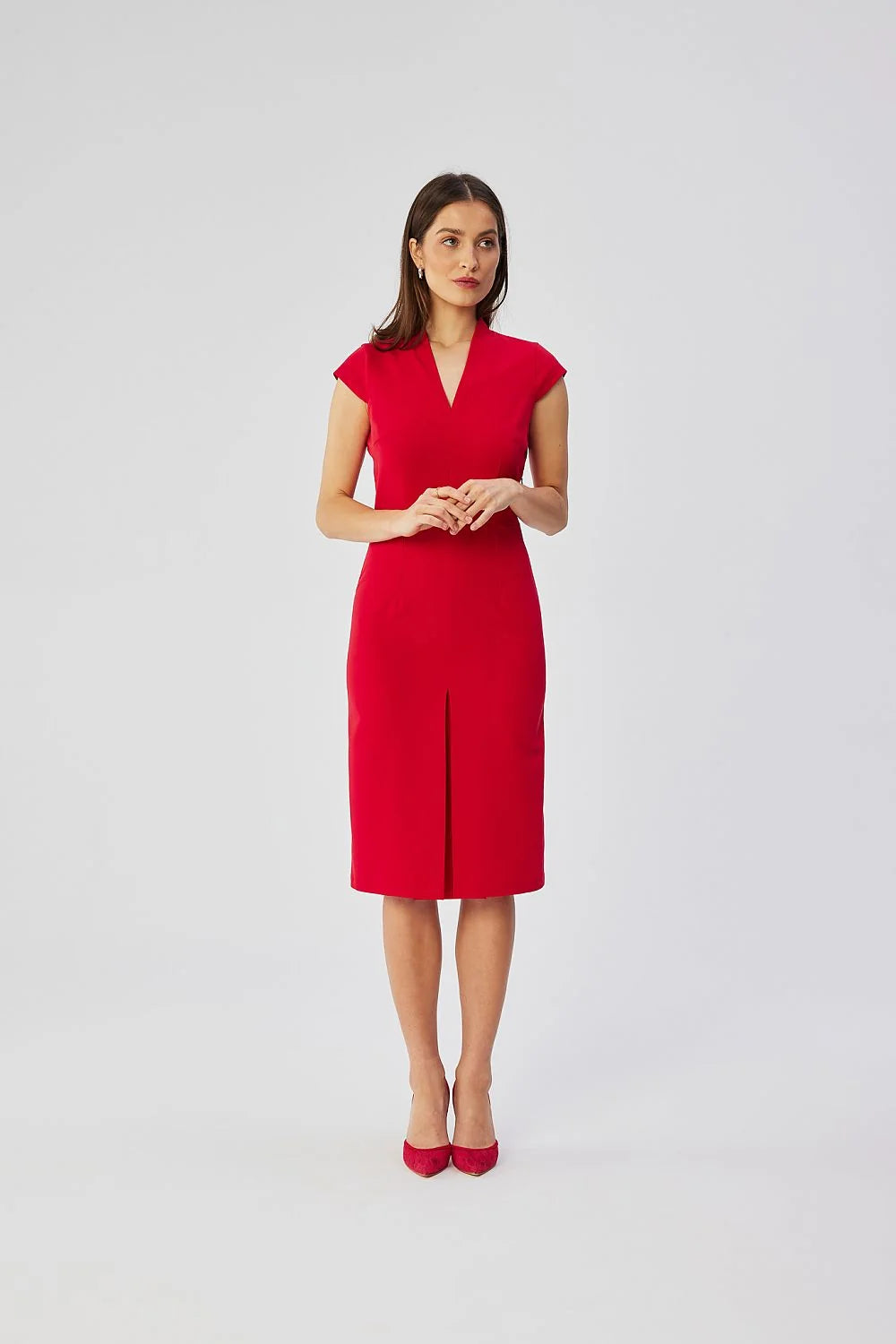 Robe de jour élégante rouge vif en V manches cap ajustée femmes tissu léger occasionnels