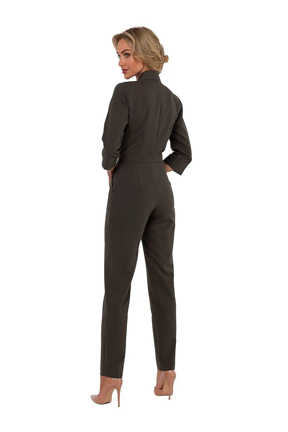 Combinaison chic élégante pour femmes manches 3/4 col châle fermeture invisible kaki taille ajustable pantalon droit femme