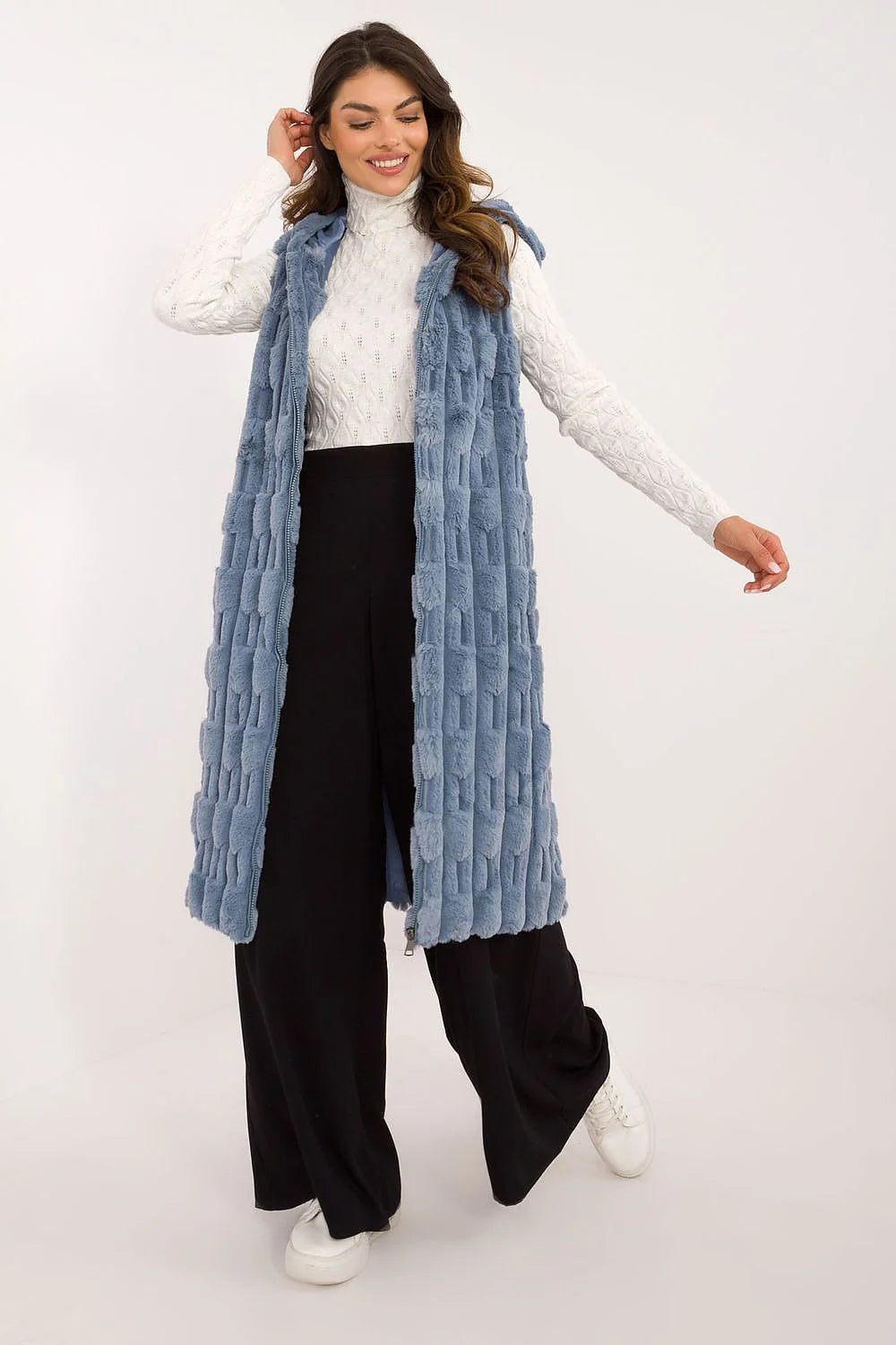 Gilet sans manches en fourrure synthétique bleu doux élégant pour femme coupe droite ample capuche fermure éclair occasion spéciale travail automne hiver