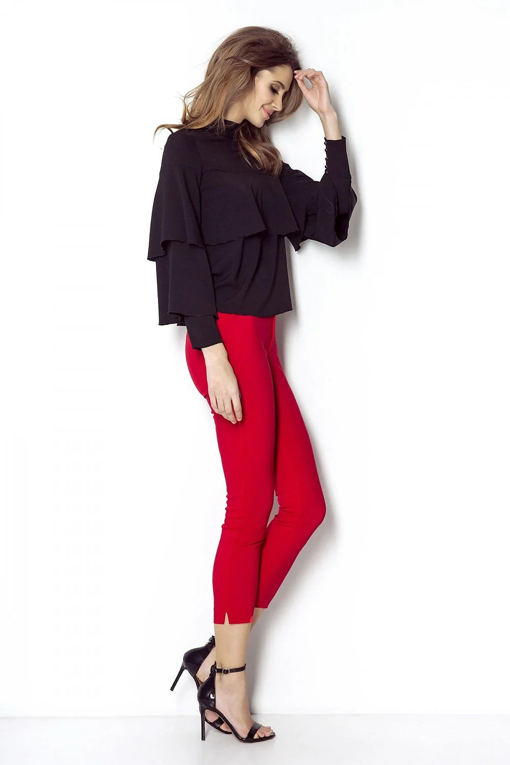 Chemisier noir en polyester moderne chic volants manches longues col montant automne tendance femme élégante
