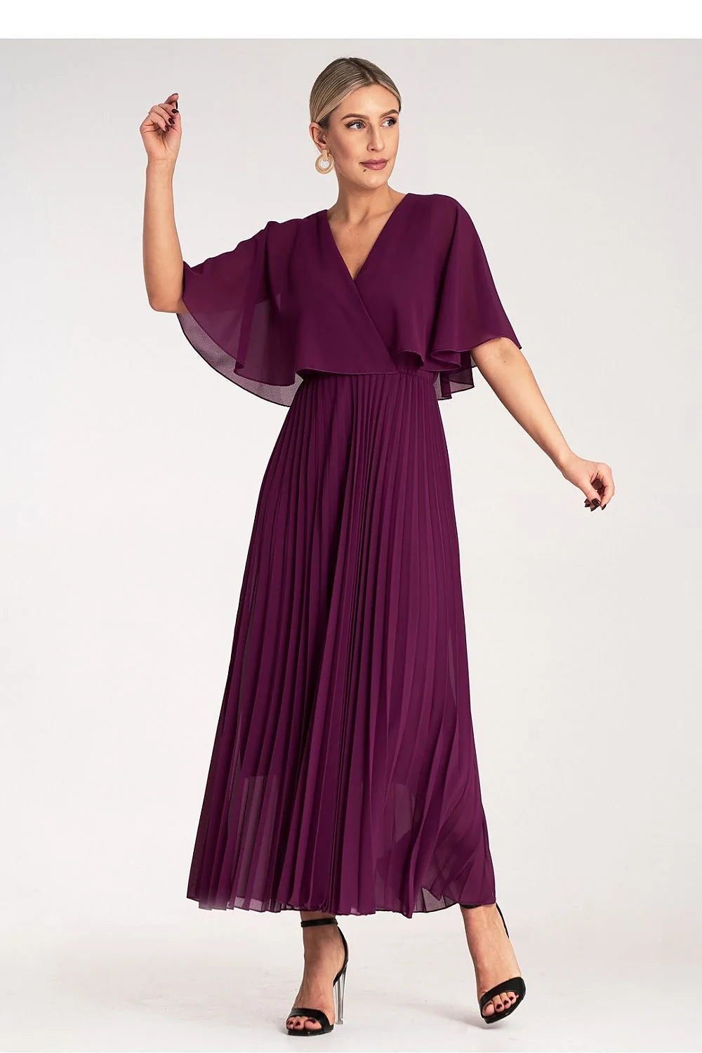 Robe de cocktail élégante longue manches amples col V prune tailles S/M polyester 100% viscose doublure femme