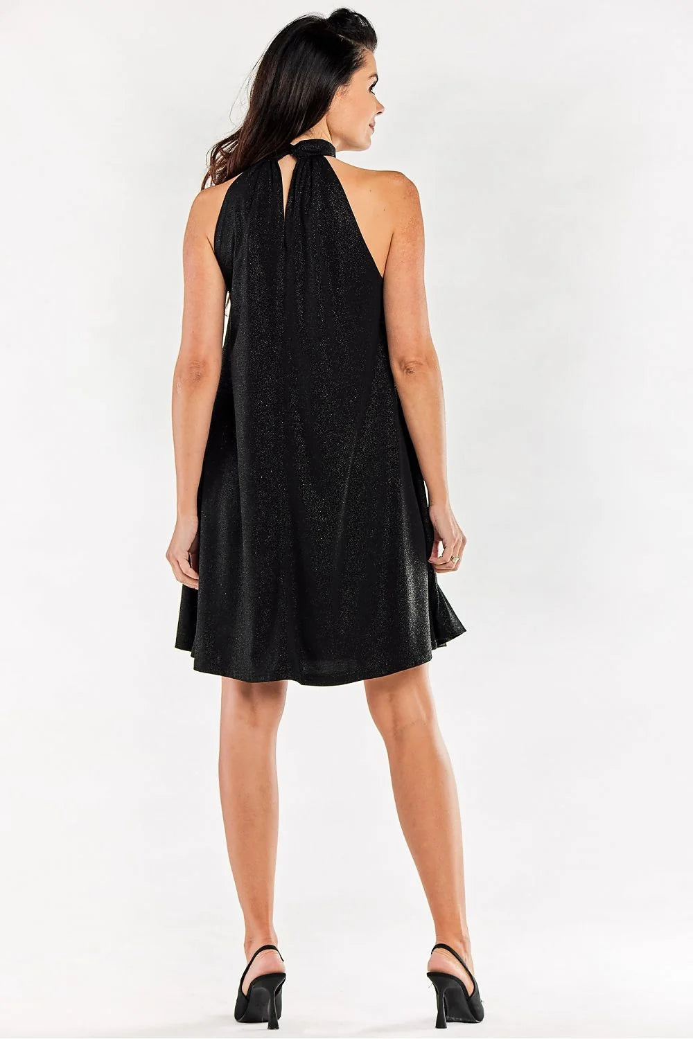 robe soirée courte trapèze fluide fuchsia scintillant col montant plissé halter sans manches plis buste doublure élastique Pologne qualité