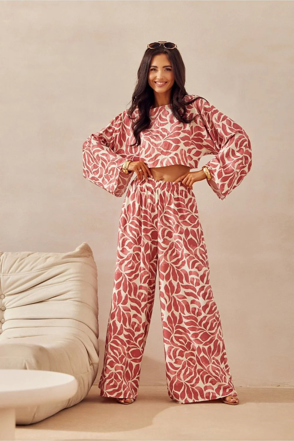Ensemble été femme chemisier manches longues short évasé motif feuilles rose blanc mode été 2023 vêtement décontracté