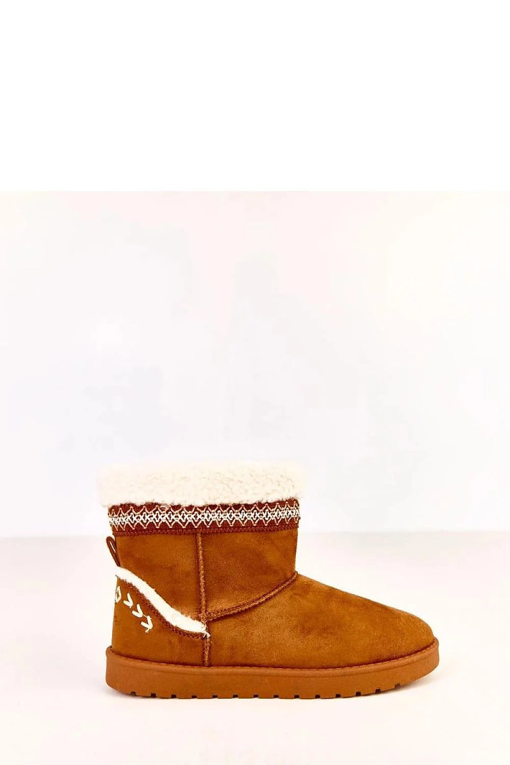 bottes fourrées femme suédine cognac bout rond slipon enfilage doublure sherpa blanc cassé broderie jacquard décorative semelle antidérapante