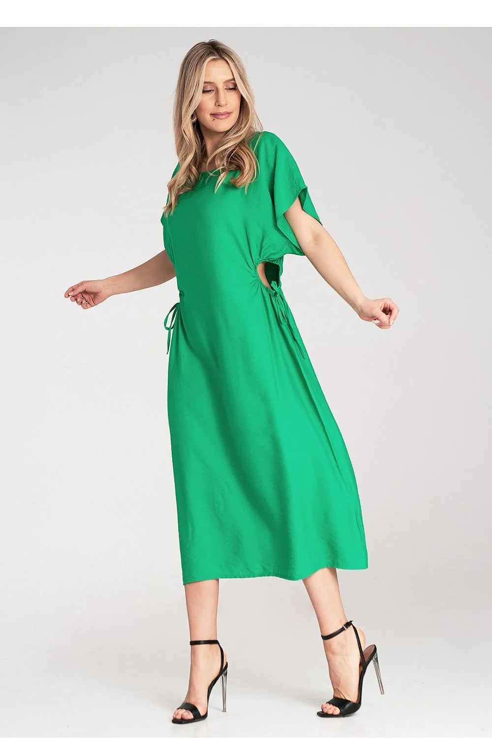 Robe midi femme style moderne couleur verte vif viscose 100% coupe droite manches courtes évasées ajustement taille détails décoratifs