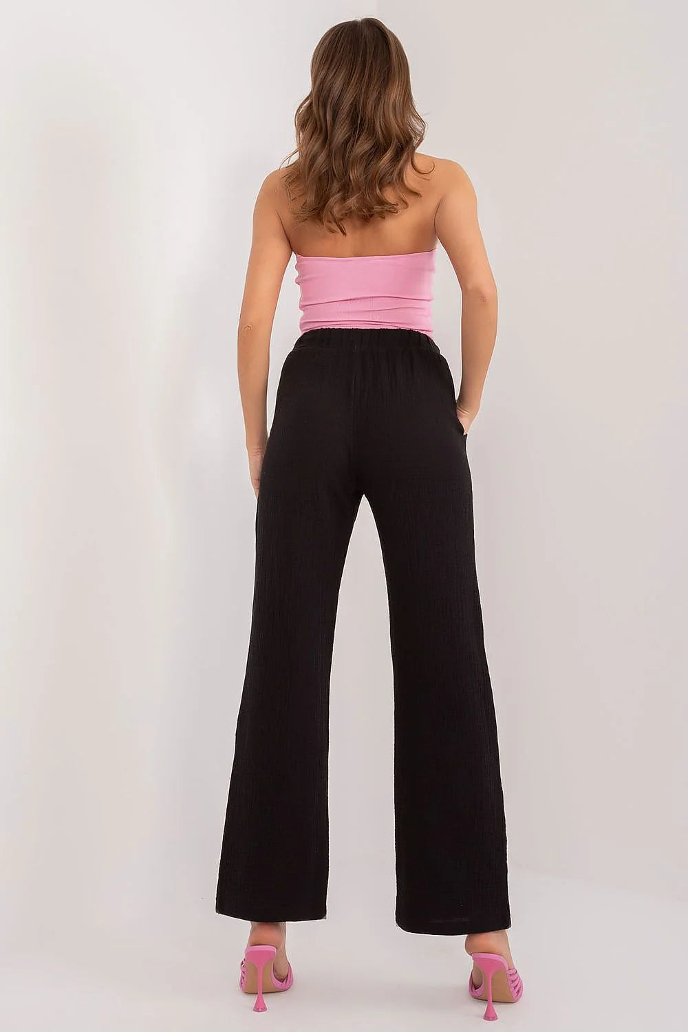 Pantalon femme taille haute mousseline de coton confortable style élégant ceinture élastique cordon ajustement