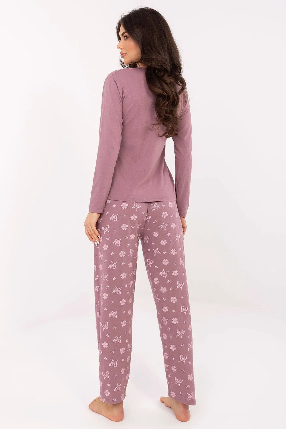 pyjama femme deux pièces jersey doux vieux rose mauve coupe ample encolure ronde manches longues taille élastiquée imprimé papillon fleurs