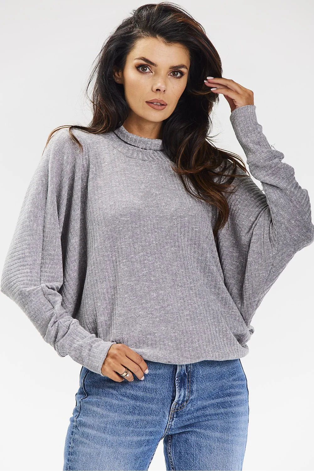Pull femme col roulé maille côtelée gris chiné manches kimono ample style décontracté automne hiver