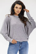 Pull femme col roulé maille côtelée gris chiné manches kimono ample style décontracté automne hiver