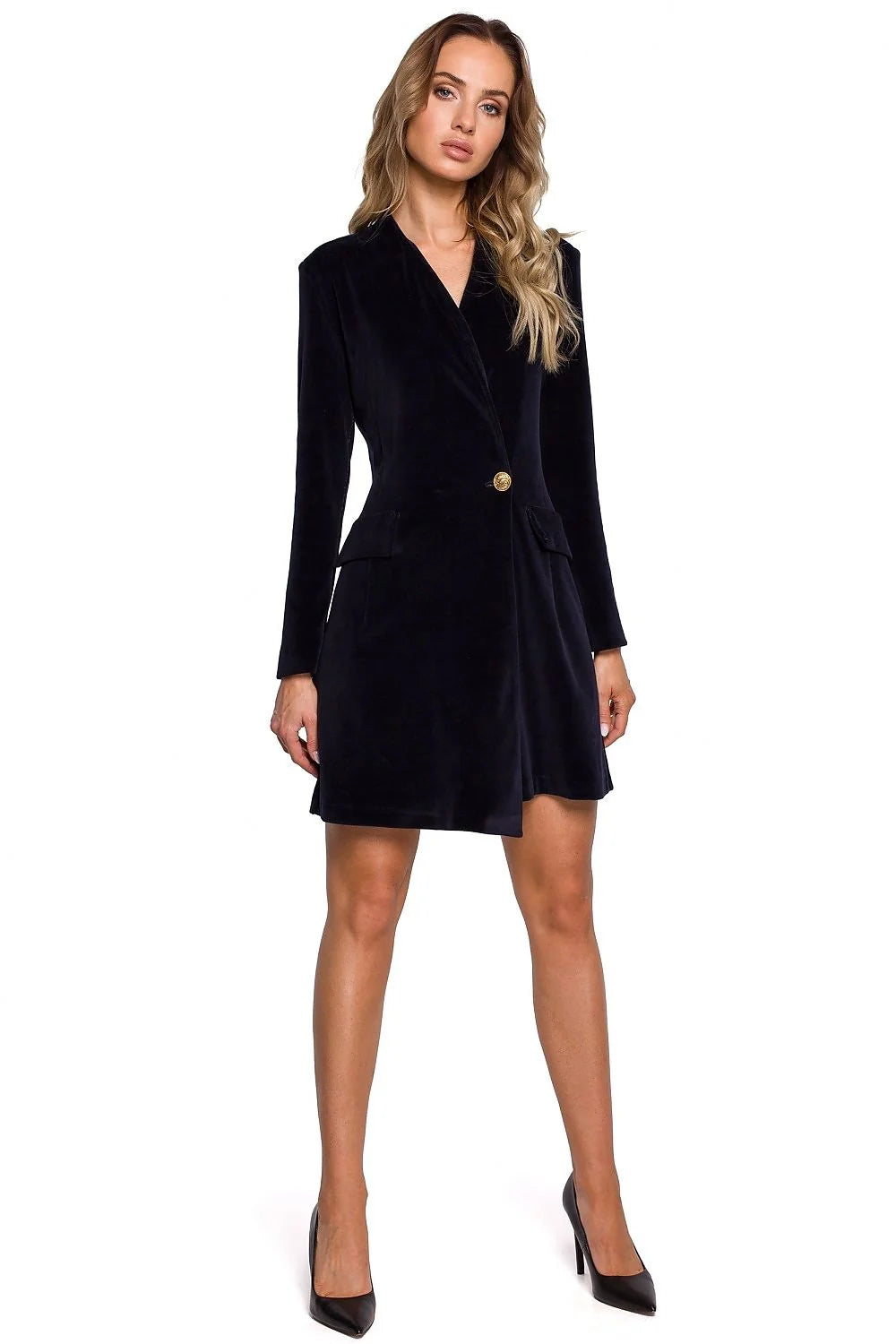 Robe blazer en velours noir élégante avec bouton doré, manches longues, pour occasions formelles féminines