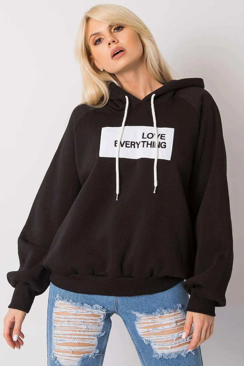Sweatshirt à capuche pour femme design moderne décontracté marron avec inscription LOVE EVERYTHING coton polyester manches longues ample