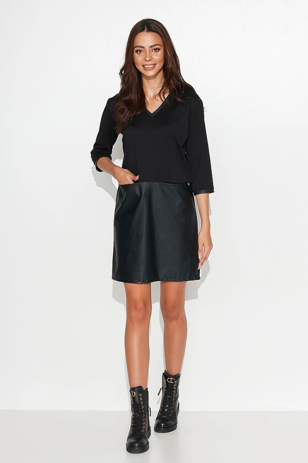 Robe de jour Numinou femme éco-lézard tricot manches longues col V en V coupe ample moderne robe 2-en-1