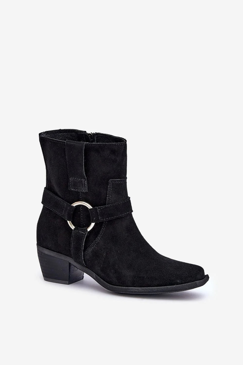 Bottines élégantes à talon carré en suède noir fermeture éclair détails métalliques femmes mode western