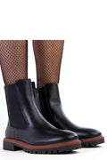 bottines chelsea femme cuir écologique noir lisse mi cheville bout rond empiècement élastique zip intérieur semelle crantée talon bas confort