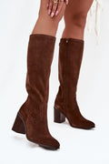 bottes femme SergioLeone daim naturel marron chocolat tige haute talon pilier moyen confort bout amande doublure fourrure fermeture eclair laterale