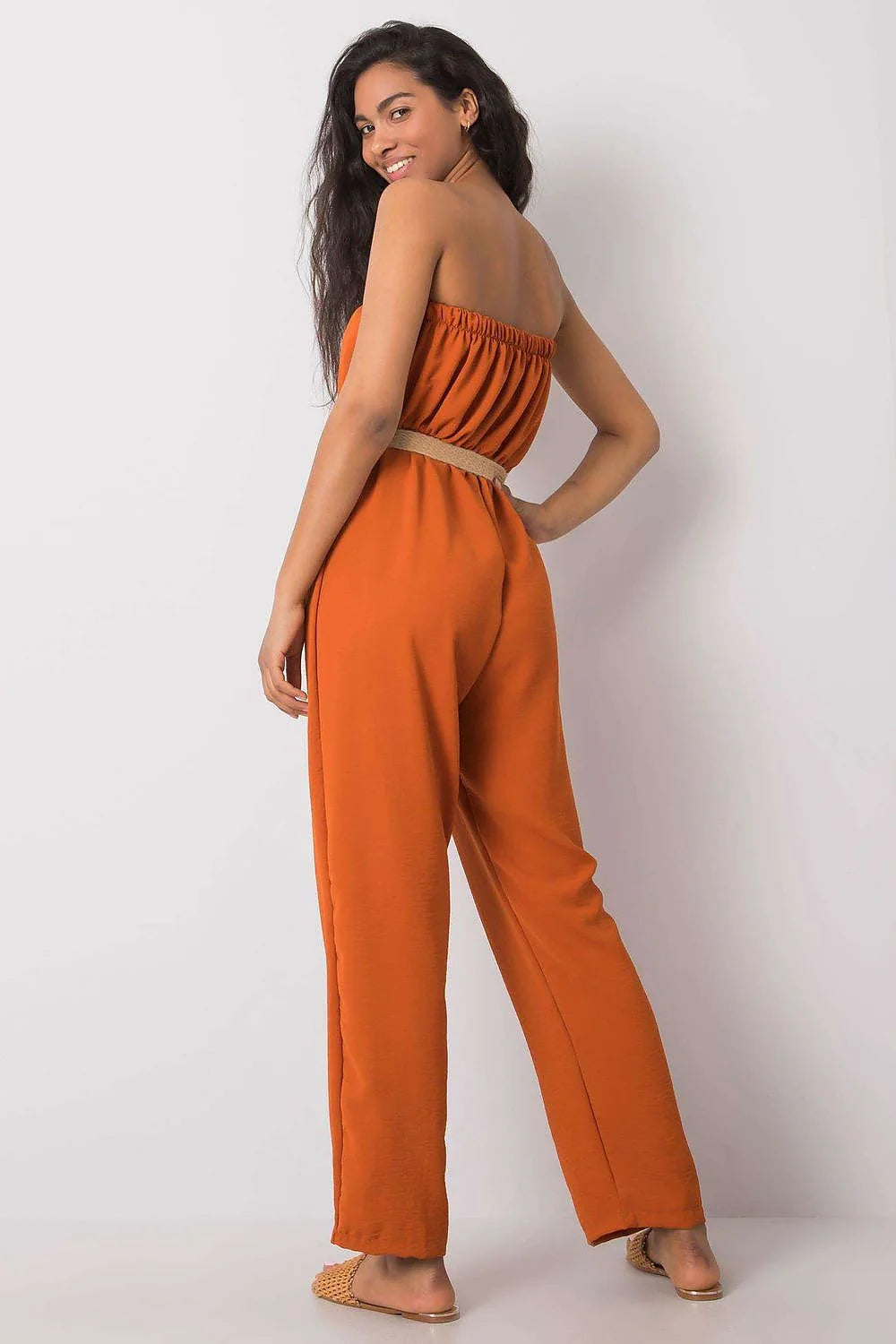 Combinaison Femme Élégante Sans Manches Orange Terre Cuite Coupe Large Décontractée