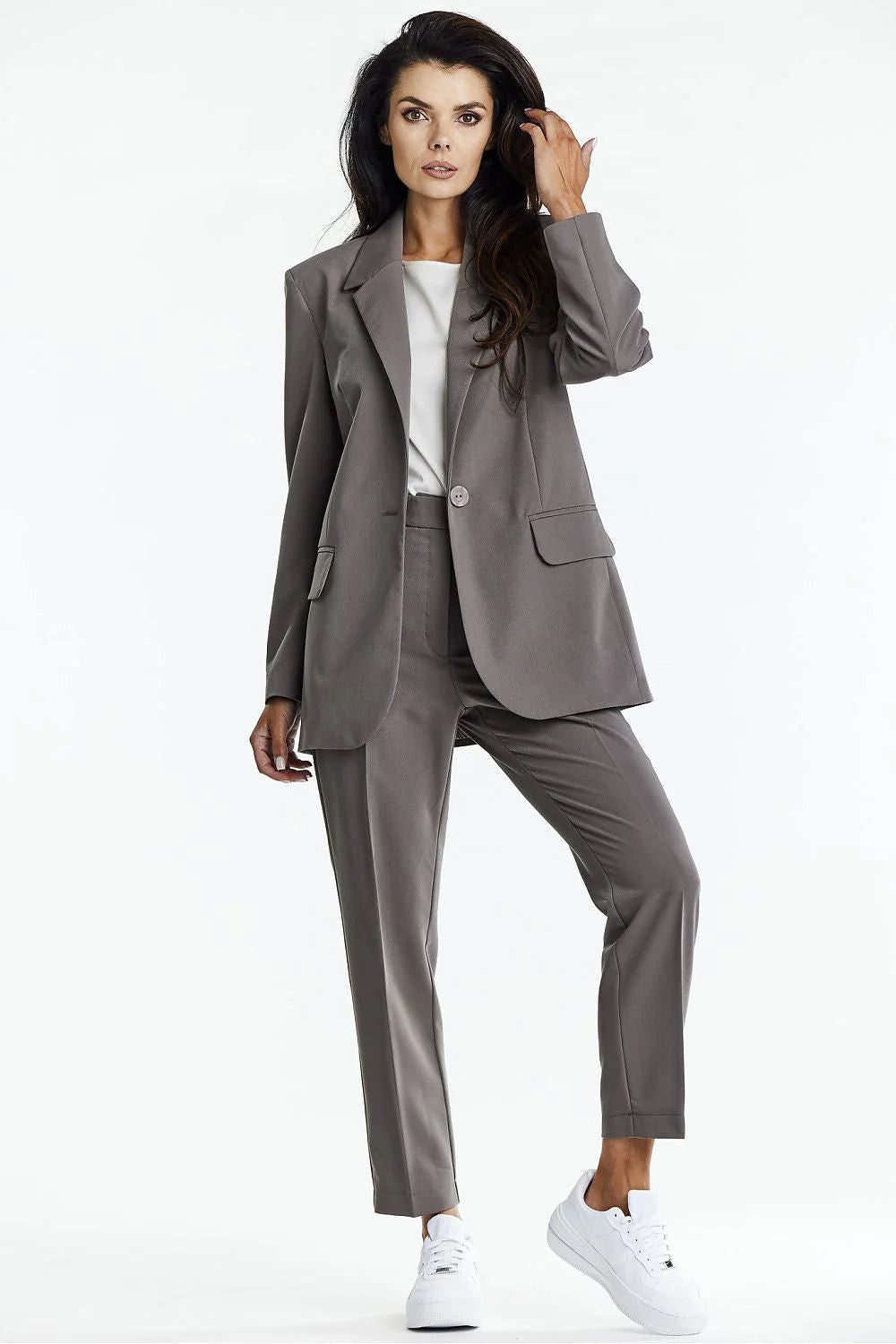 Tailleur femme blazer pantalon gris taupe longue taille haute polyester élégant occasions professionnelles veste homme