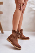 Bottes pour femmes en cuir suédé marron style décontracté chic talon plat semelle caoutchouc beige
