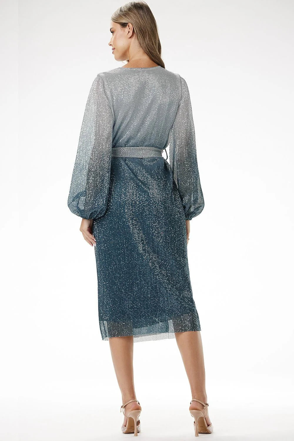 Robe de soirée élégante longue manches longues effet ombré tissu pailleté ceinture assortie femmes occasions spéciales
