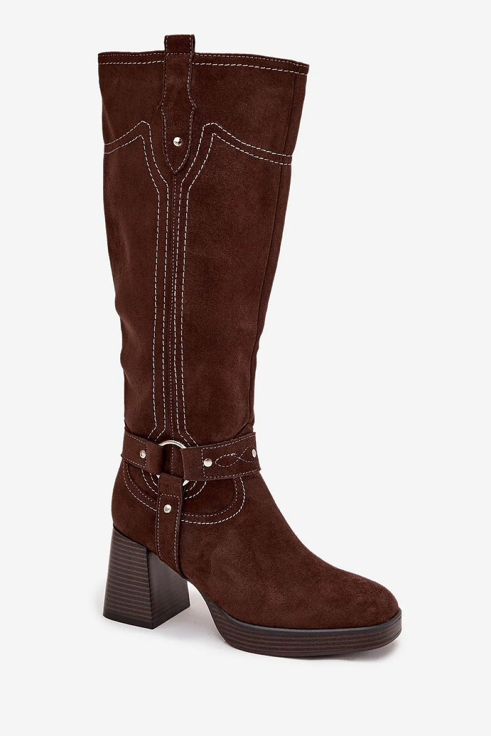 bottes femme suédine écologique marron genou talon bloc semelle plateforme striée surpiqûres blanches lanières rivets bout pointu fourrure synthétique confortable