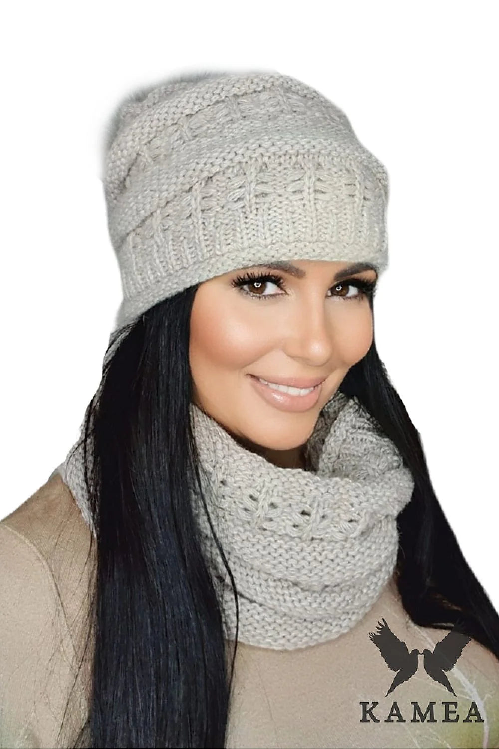 Bonnet et écharpe tricot KAMEA hiver femme design torsades points riz couleur gris clair matières douces