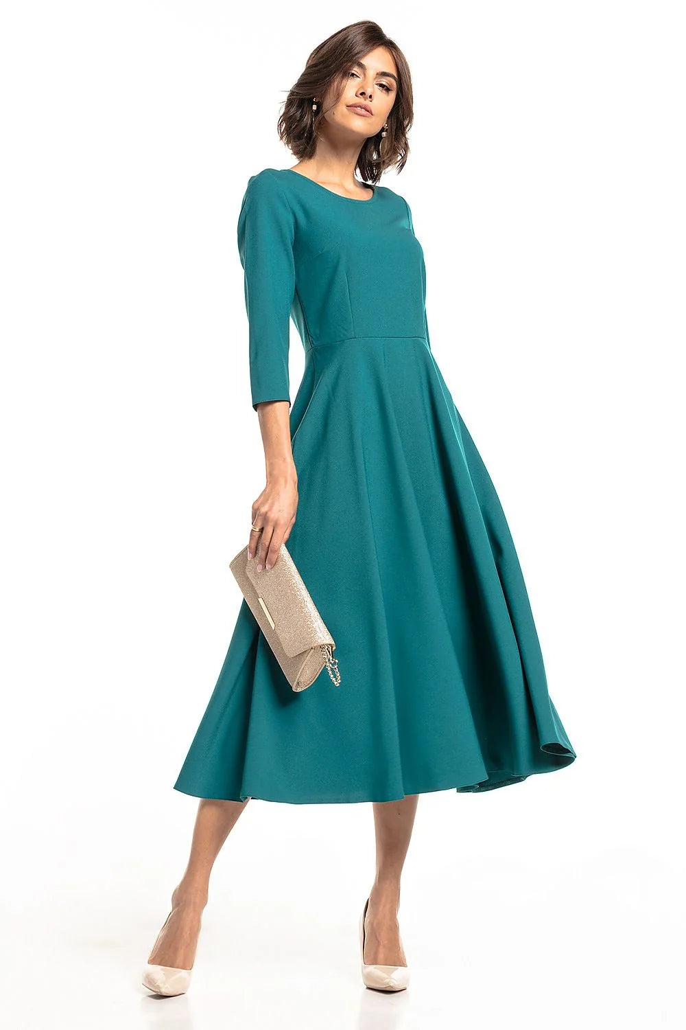 Robe élégante femme polyester élasthanne vert foncé ajustable mi-longue silhouette raffinée mode intemporelle
