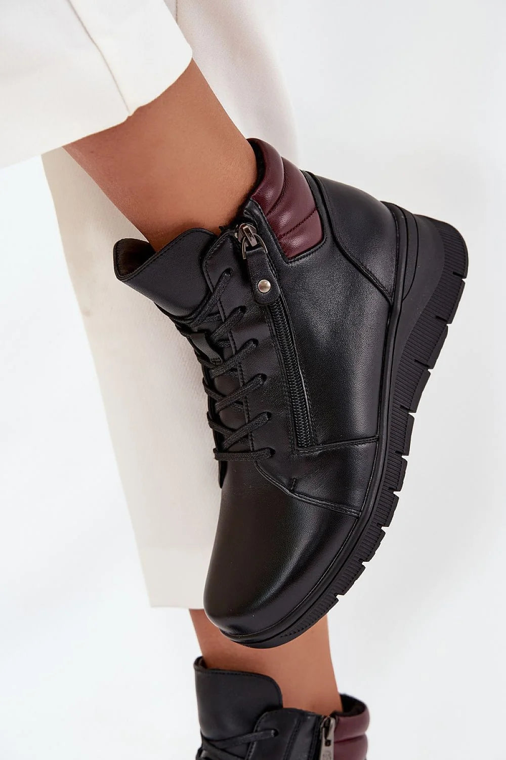 bottines femme Vinceza cuir naturel noir montantes lacets zippée col rembourré bordeaux bout arrondi talon compensé