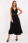 robe bohème élégante sansmanches encolureV dentelle noire midi fluide légère coton élasthanne cintrée bande ajourée jupe évasée volantbas galonfestonné silhouetteféminine