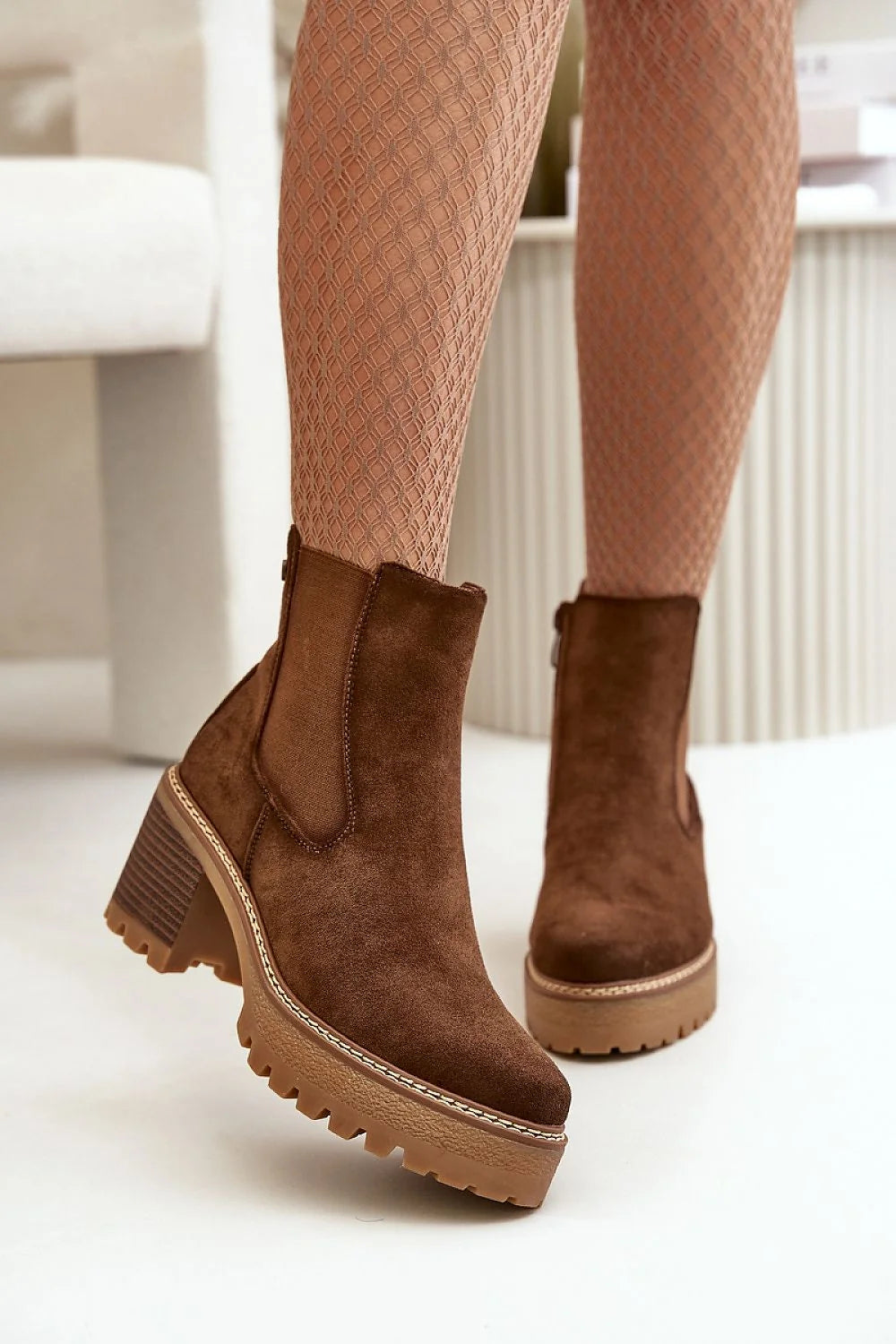 Bottines femmes écopeluche marron talon moyen stable Chelsea élastiques fermeture éclair latérale doublure peluche douce automne hiver