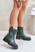 Bottes pour femmes en cuir vert bouteille design moderne style biker talon bas semelle caoutchouc fermeture éclair