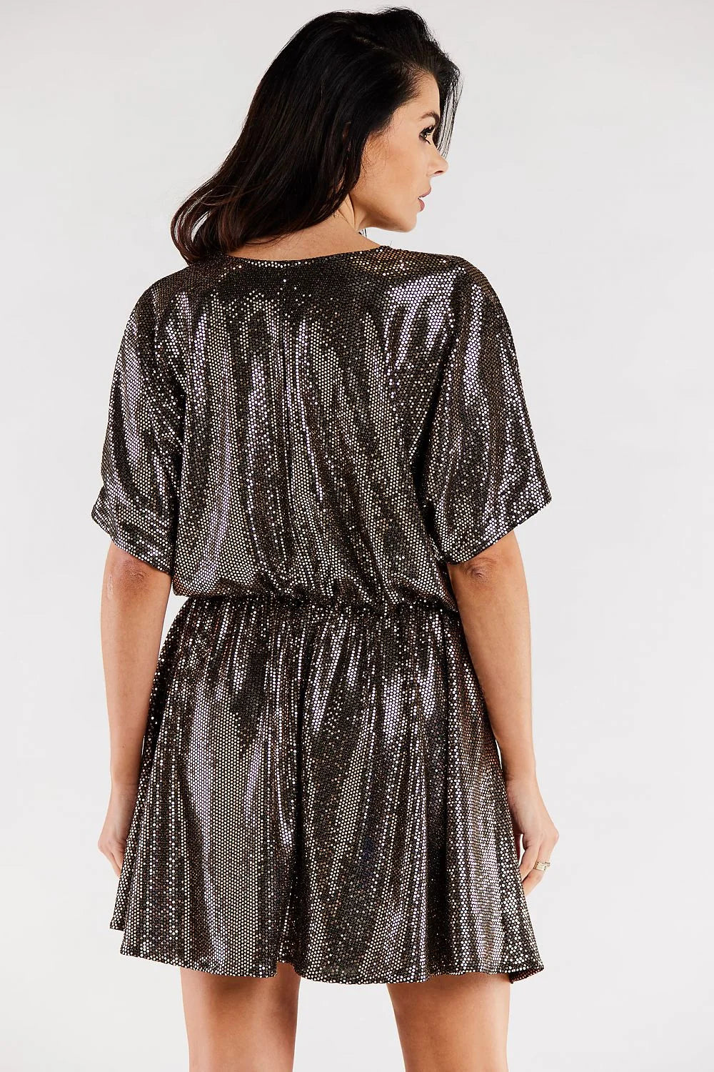 Robe de soirée élégante courte manches courtes décolleté en V paillettes vertes taille ajustable femme