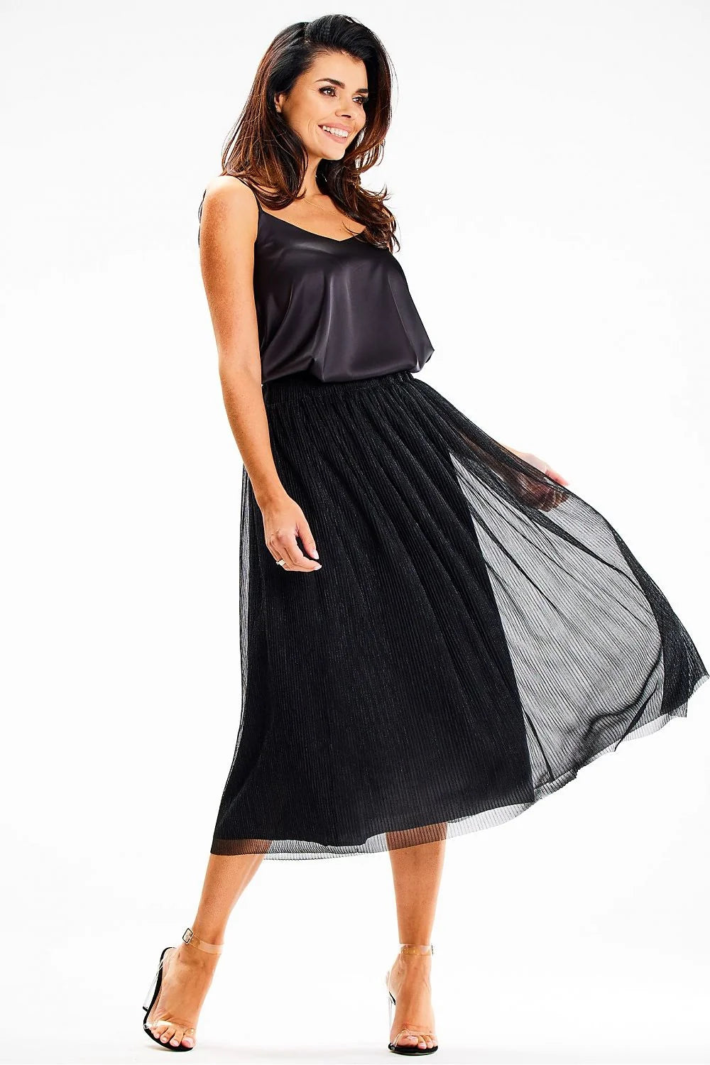 jupe midi Awama plissée maille scintillante satinée doublée taille élastique volume fluide noire élégante sophistiquée soirée chic