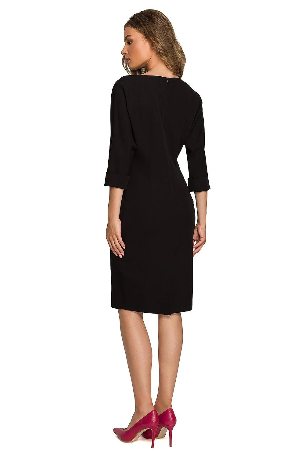 Robe classique élégante pour femme en vert émeraude, coupe droite, manches 3/4, col rond, fermeture éclair dissimulée, polyester, viscose, élasthanne