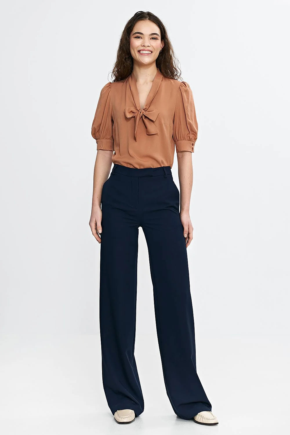 pantalon long Nife femme taille haute bootcut coupe ajustée jambe évasée élégant sophistiqué confortable soyeux fluide polyester soie