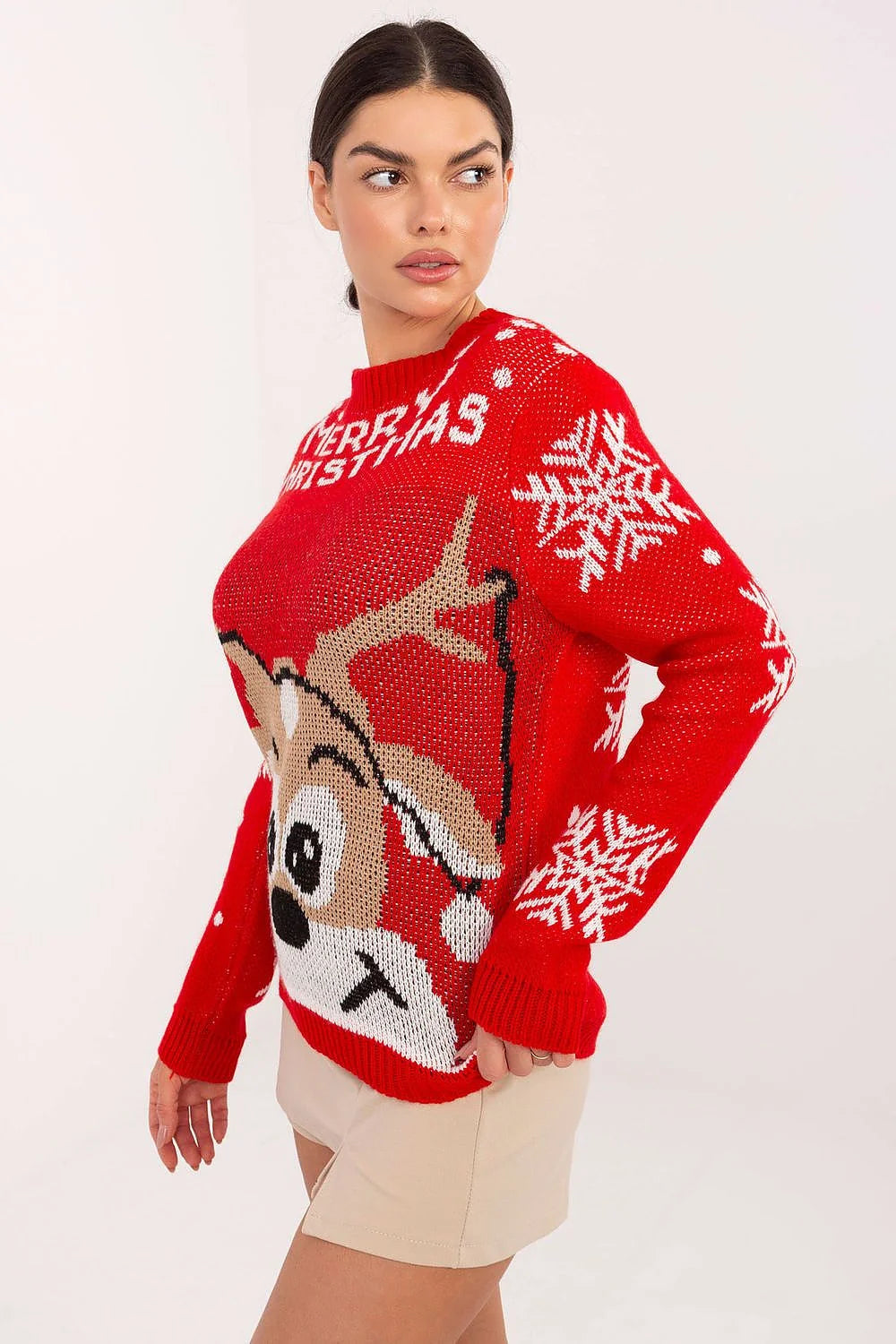 pull noël femme rouge jacquard renne grand motif flocons inscription col rond manches longues bordcôtes tricot chaud doux
